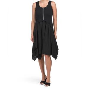 For Cynthia Linen Front Zip Handkerchief Hem Dress Black Lagenlook Size XS